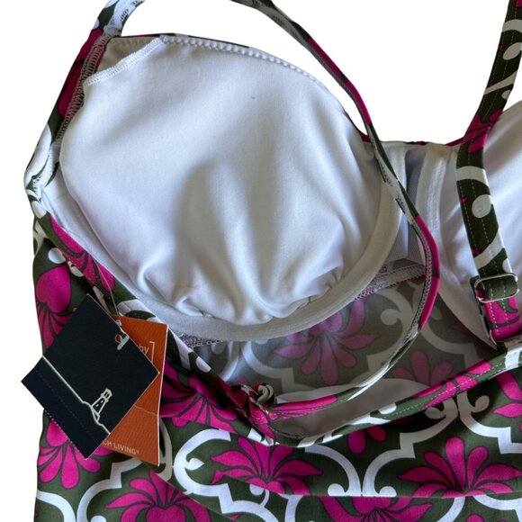 Lands End Floral Deco Tankini Top 10 Azalea Pink White Swirl Print Removable Cup - Picture 13 of 16